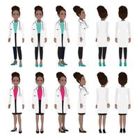 African American female doctor cartoon character. Front, side, back, 3-4 view animated character. Flat vector illustration.