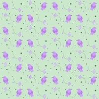 Cute spring vector seamless pattern with little birds and flowers in violet and green colors.