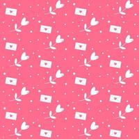 Cute romantic Valentine's seamless pattern with flower in heart shape, envelopes on pink background. Vector flat illustration.
