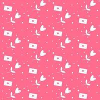 Cute romantic Valentine's seamless pattern with flower in heart shape, envelopes on pink background. Vector flat illustration.