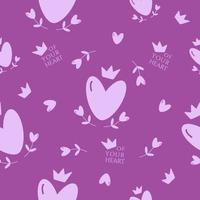 lindo patrón sin costuras con corazones, coronas, flores en forma de corazón y título reina de tu corazón sobre fondo púrpura. ilustración plana vectorial