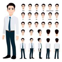 Cartoon character with handsame business man in smart shirt for animation. Front, side, back, 3-4 view character. Separate parts of body. Flat vector illustration.