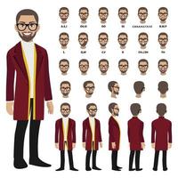 Cartoon character with business man in a long coat for animation. Front, side, back, 3-4 view character. Separate parts of body. Flat vector illustration.