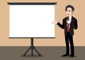 Cartoon character with businessman at a presentation. Flat icon vector