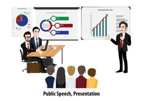 Cartoon character with sale presentation, team building speech, team education. Flat icon set. vector