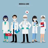 Cartoon character with professional doctors and nurses wearing medical mask on face and standing together to fight corona virus flat icon design vector