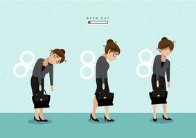 Burn out syndrome concept illustration with exhausted female office worker. Frustrated worker, mental health problems. Vector illustration in flat style