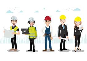 ingeniero, técnico, constructores y mecánicos personas trabajan en equipo personaje de dibujos animados o estilo de icono plano. ilustración vectorial vector