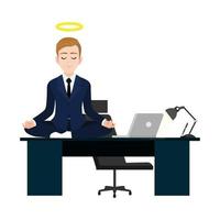 beneficios para la salud de la meditación para el cuerpo con el hombre de negocios relajándose en la mesa con la computadora en el escritorio. meditación de hombre de estilo de dibujos animados en la oficina. vector
