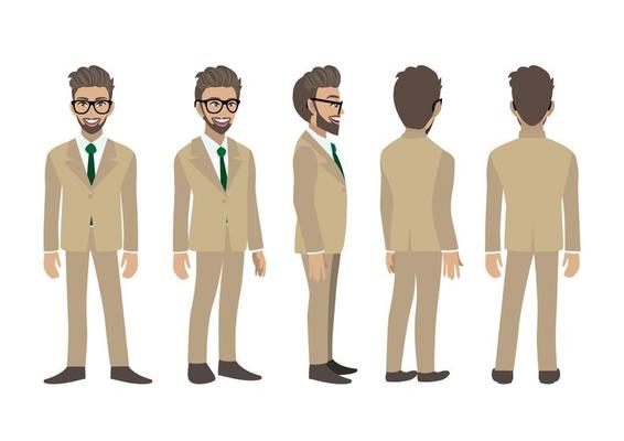 Cartoon character with business man. Front, side, back, 3-4 view animated character. Flat vector illustration.