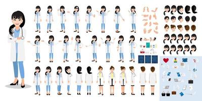 conjunto de personajes de dibujos animados de doctora, doctora en diferentes uniformes y poses, trabajadores médicos o personal del hospital. kit de bricolaje de dibujos animados de doctor en un vector de fondo blanco