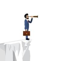 Leader. Cartoon character of businessman looking through spyglass on white cliff background vector