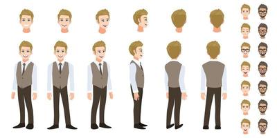 Businessman cartoon character head set and animation. Front, side, back, 3-4 view character. Flat icon design vector