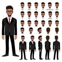 Cartoon character with African American business man in suit for animation. Front, side, back, 3-4 view character. Separate parts of body. Flat vector illustration.