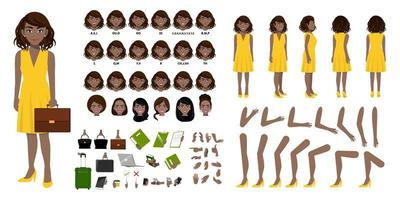 African American Businesswoman cartoon character creation set with various views, hairstyles, face emotions, lip sync and poses. Parts of body template for design work and animation. vector