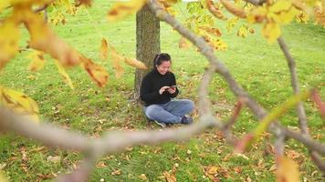mujer asiática feliz sentada y deslizando la pantalla en el teléfono inteligente debajo del árbol en el parque en otoño, mujer con camisa negra de manga larga, hoja amarilla en el árbol, suecia, mirando a través del árbol