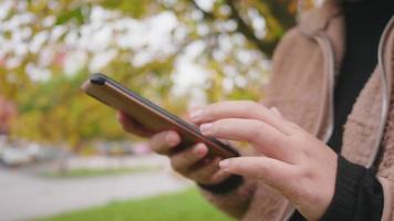 cerrar la mano de una mujer asiática deslizar la pantalla en el teléfono inteligente en el parque en otoño, una mujer de pie y con un abrigo marrón claro, una hoja amarilla en el árbol, un hermoso día en la temporada de otoño, Suecia video