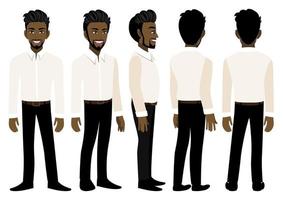 personaje de dibujos animados con un hombre de negocios africano americano con una camisa inteligente para la animación. personaje animado de vista frontal, lateral, posterior, 3-4. ilustración vectorial plana. vector
