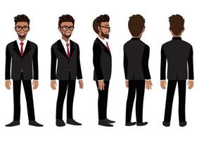 Cartoon character with American African business man in a black suit for animation. Front, side, back, 3-4 view animated character. Flat vector illustration.