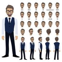 Cartoon character with business man in smart shirt and waistcoat for animation. Front, side, back, 3-4 view character. Separate parts of body. Flat vector illustration.