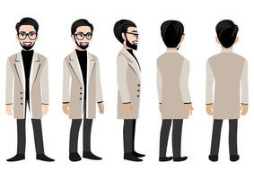 Cartoon character with business man in a long coat for animation. Front, side, back, 3-4 view animated character. Flat vector illustration.