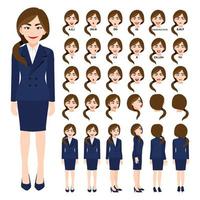 Cartoon character with business woman in suit for animation. Front, side, back, 3-4 view character. Separate parts of body. Flat vector illustration.