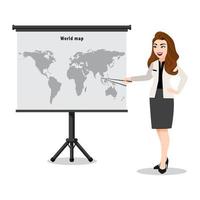 personaje de dibujos animados con una presentación de mujer en el mapa. profesor o lector mostrando el mapa con puntero. vector de ilustración plana