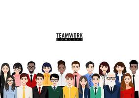 personaje de dibujos animados con grupo de personas de negocios. equipo de trabajadores, diversas personas de pie juntas y compañeros de trabajo en vectores de iconos planos informales y de traje
