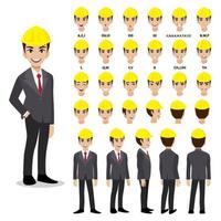 Cartoon character with Engineer in suit for animation. Front, side, back, 3-4 view character. Separate parts of body. Flat vector illustration.
