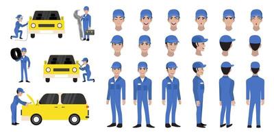 Car repair and service. Mechanic repairs and diagnostics car of auto service cartoon character head set and animation. Front, side, back, 3-4 view animated character. Flat vector illustration