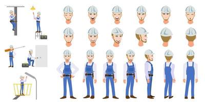 Electrician Technician worker cartoon character head set and animation. Front, side, back, 3-4 view animated character. Flat vector illustration