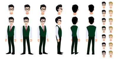 University student cartoon character head set and animation. Front, side, back, 3-4 view character. Flat icon design vector