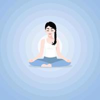 A beautiful young woman cartoon character in yoga lotus practices meditation. Practice of yoga. Vector illustration