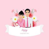 retrato de pareja de amor en el fondo de flores. personaje de dibujos animados del día de san valentín y vector de diseño vintage