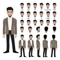 Cartoon character with business man in suit for animation. Front, side, back, 3-4 view character. Separate parts of body. Flat vector illustration.