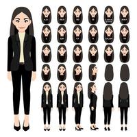 Cartoon character with business woman in suit for animation. Front, side, back, 3-4 view character. Separate parts of body. Flat vector illustration.