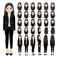 Cartoon character with business woman in suit for animation. Front, side, back, 3-4 view character. Separate parts of body. Flat vector illustration.