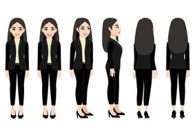 Cartoon character with business woman in suit for animation. Front, side, back, 3-4 view character. Flat vector illustration.