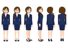 Cartoon character with business woman in suit for animation. Front, side, back, 3-4 view character. Flat vector illustration.