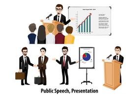 Cartoon character with businessman doing presentation or pitching a speech. Conference Illustration. Flat icon set vector