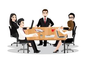 personaje de dibujos animados con gente de negocios discutiendo juntos en la sala de conferencias durante la reunión en la oficina. concepto de vector de icono plano de trabajo en equipo