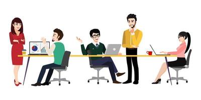 Cartoon character with Men and women sitting at desk and standing in meeting room, working at computers and talking with colleagues. Effective and productive teamwork. Vector illustration