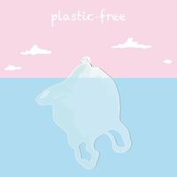 Ocean pollution vector illustration. Plastic-free with a white bear standing on a plastic bag in a blue ocean and pink sky background