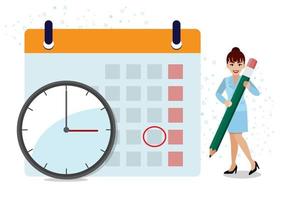 Business operations planning and scheduling concept with businesswoman writing appointment on calendar with pencil and time with clock cartoon design vector 241