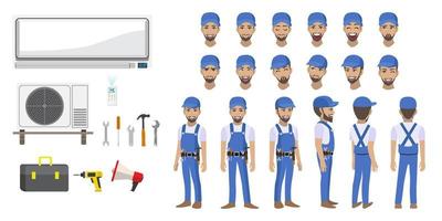 Technician repairing split air conditioner cartoon character head set and animation. Front, side, back, 3-4 view animated character. Flat vector illustration
