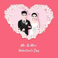 pareja de amor el día de la boda en un fondo de flores rosas. personaje de dibujos animados del día de san valentín o vector de diseño de tarjeta de boda de invitación