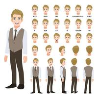 Cartoon character with business man in smart shirt and waistcoat for animation. Front, side, back, 3-4 view character. Separate parts of body. Flat vector illustration.