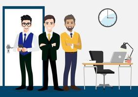 Teamwork concept with businessmen cartoon character design. three males standing in the office area. Flat vector illustration.