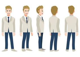 Cartoon character with business man in a gray suit for animation. Front, side, back, 3-4 view animated character. Flat vector illustration.