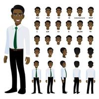 Cartoon character with American African business man in smart shirt for animation. Front, side, back, 3-4 view character. Separate parts of body. Flat vector illustration.